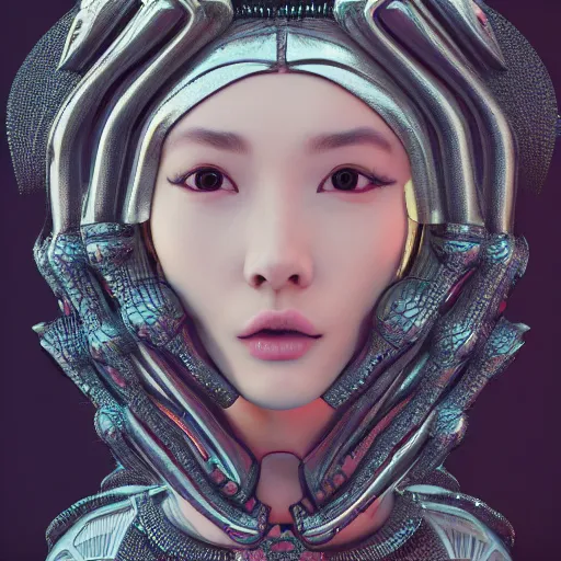 Image similar to alien princess, style of Feng Zhu, Artstation geometric, symmetrical, intricate crown, high fashion, streetwear, smooth skin, perfect face, cyberpunk, detailed, octane render, cinematic, 8k,