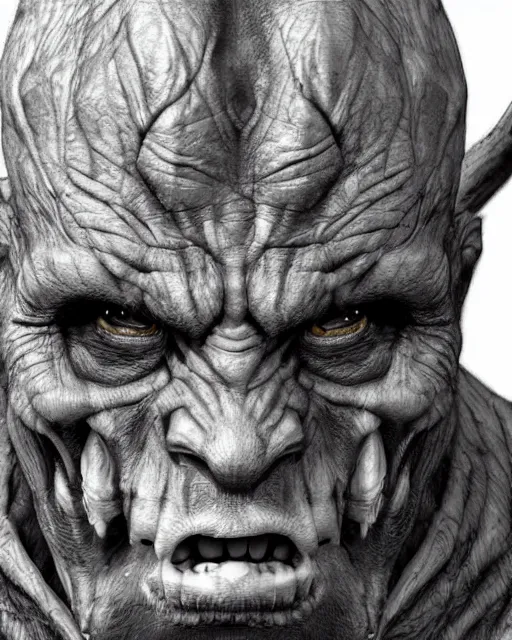 Image similar to orc, hyper realism, fine details, deviantart artstation, extremely detailed, black and white, very sharp, in the style of albrecht durer