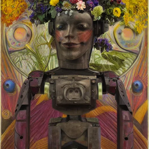 Image similar to a painting of a humanoid robot wearing a mask made of flowers, by annie swynnerton and diego rivera and tino rodriguez, symbolist, dramatic lighting, elaborate geometric ornament, art brut, soft cool colors, smooth, sharp focus, extremely detailed, adolf wolfli