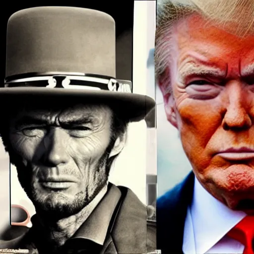 Prompt: donald trump as clint eastwood squinting at high noon in the style of a clint eastwood movie, the good, horse, cactus, the bad and the ugly, abraham lincoln, clint eastwood, steven seagal, vibe, bud spencer, donald trump, glory days, justice, american flag, patriotism, apple pie, black and white, artgerm, trending on artstation