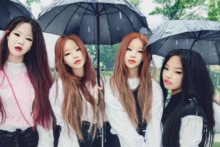 Image similar to a portrait of 4 (((((blackpink singers))))) posing in the rain