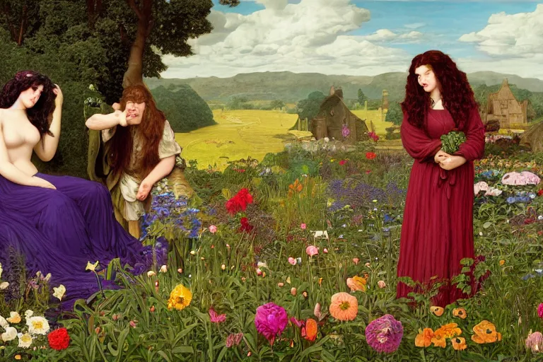 Image similar to hagrid the viking and morticia addams frolicking in a field of various flowers, fairy garden, masterpiece, highly detailed, oil on canvas, art by kilian eng and frederic leighton and rosetti