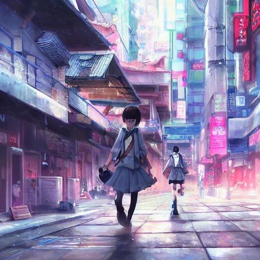 Image similar to dynamic composition, motion, ultra-detailed, incredibly detailed, a lot of details, amazing fine details and brush strokes, colorful and grayish palette, smooth, HD semirealistic anime CG concept art digital painting, watercolor oil painting of Clean and detailed post-cyberpunk sci-fi close-up schoolgirl in asian city in style of cytus and deemo, blue flame, relaxing, calm and mysterious vibes,, by a Chinese artist at ArtStation, by Huang Guangjian, Fenghua Zhong, Ruan Jia, Xin Jin and Wei Chang. Realistic artwork of a Chinese videogame, gradients, gentle an harmonic grayish colors. set in half-life 2, Matrix, GITS, Blade Runner, Neotokyo Source, Syndicate(2012), dynamic composition, beautiful with eerie vibes, very inspirational, very stylish, with gradients, surrealistic, dystopia, postapocalyptic vibes, depth of field, mist, rich cinematic atmosphere, perfect digital art, mystical journey in strange world