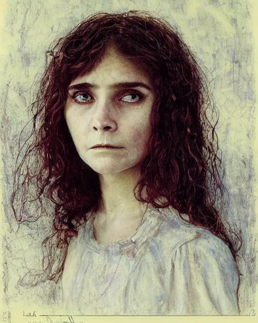 Image similar to a beautiful but sinister girl who looks like a young shirley henderson in layers of fear, with haunted eyes and curly hair, 1 9 7 0 s, seventies, delicate embellishments, a little blood, crimson, painterly, offset printing technique, by jules bastien - lepage