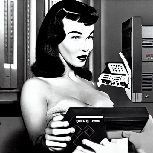 Prompt: a still of Bettie Page playing with a NES controller, in the movie 2001 A Space Odyssey, highly detailed and intricate, cinematic lighting, 4k HDR