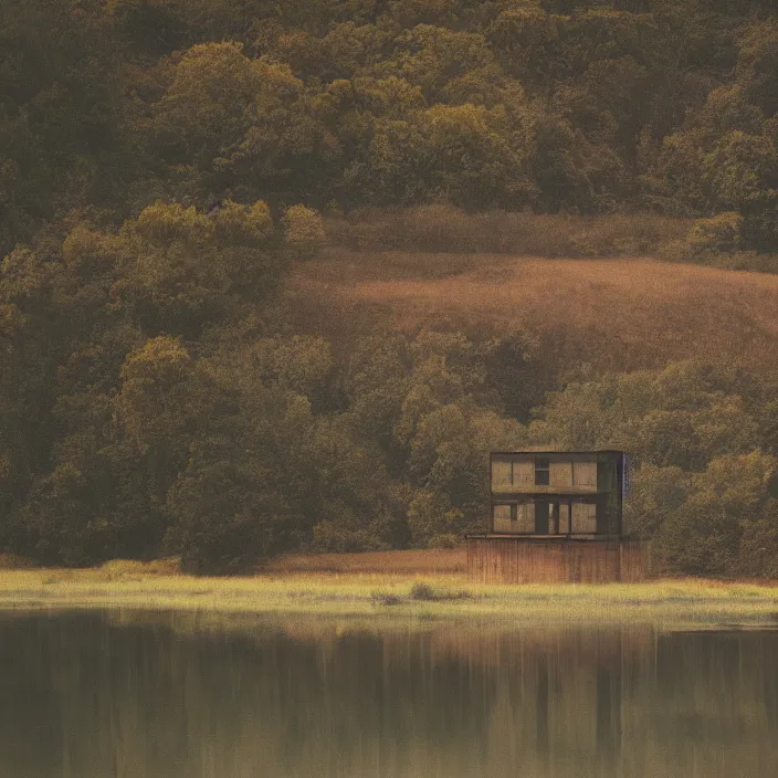 Image similar to a building in a serene landscape, old tv