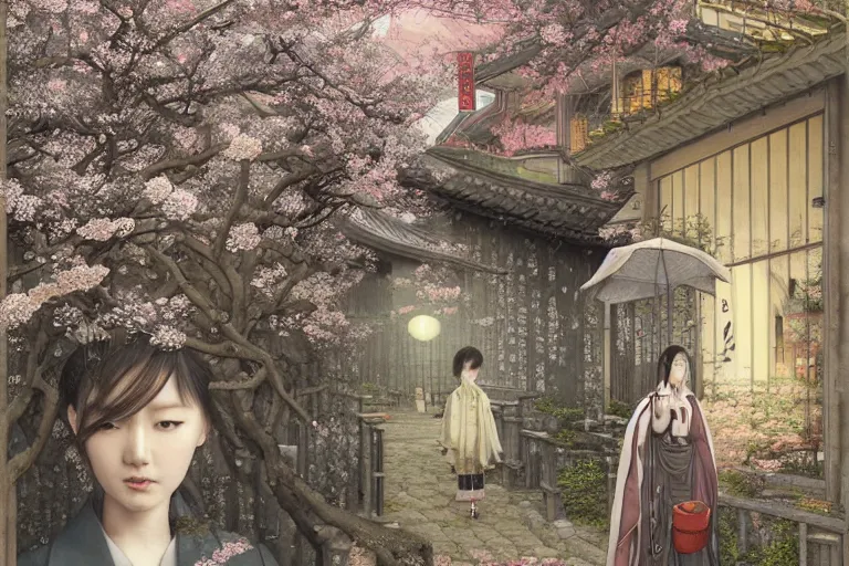 Prompt: Lee Jin-Eun by Andrew Ferez, rule of thirds, seductive look, beautiful, in Kyoto Gion with sakura trees