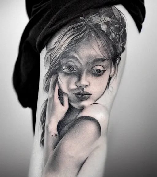 Image similar to a beautiful girl portrait, faded mountain background, realism tattoo, in the style of den yakovlev, black and white, hyper realistic, highly detailed