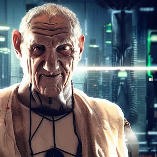 Image similar to cyberpunk buff old man fighting Deadcode humanoid robot Emmanuel Lubezki