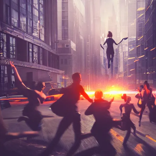 Image similar to bunch of people running away from a bitcoin giant in the city, hyper detailed, trending on artstation, cinematic composition hdr, 8 k, beautiful lighting, sharp details, digital illustration