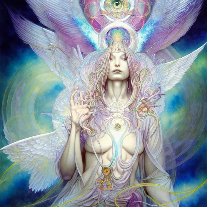 Prompt: psychedelic angelic celestial being by yoshitaka amano, and peter mohrbacher, ayahuasca, sacred geometry, esoteric art, watercolor