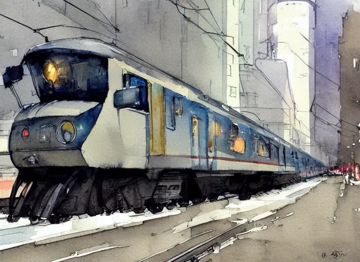 Image similar to concept art of a urban train pinterest, artstation trending, behance, watercolor, by coby whitmore *, silver, laser light *,