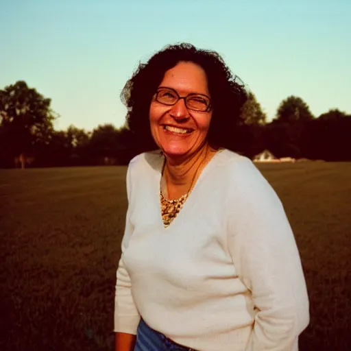 Image similar to a lovely 35mm portrait photo of the woman who raised me, golden hour, smile