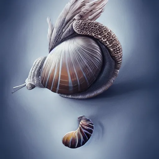 Image similar to snail with wings and feathers, oil painting, artstation, dramatic lighting, symmetry, beautiful