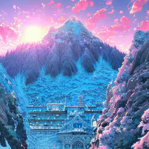 Image similar to the aesthetic view of the beautiful, grand, wistful, dreamy snowcapped mountain at dusk, hyperrealistic anime illustration by iralki nadar, colorful, extremely detailed, intricate linework, super sharp focus, bright colors, octopath traveler, studio ghibli, unreal engine 5 highly rendered, global illumination, radiant light, detailed and intricate environment