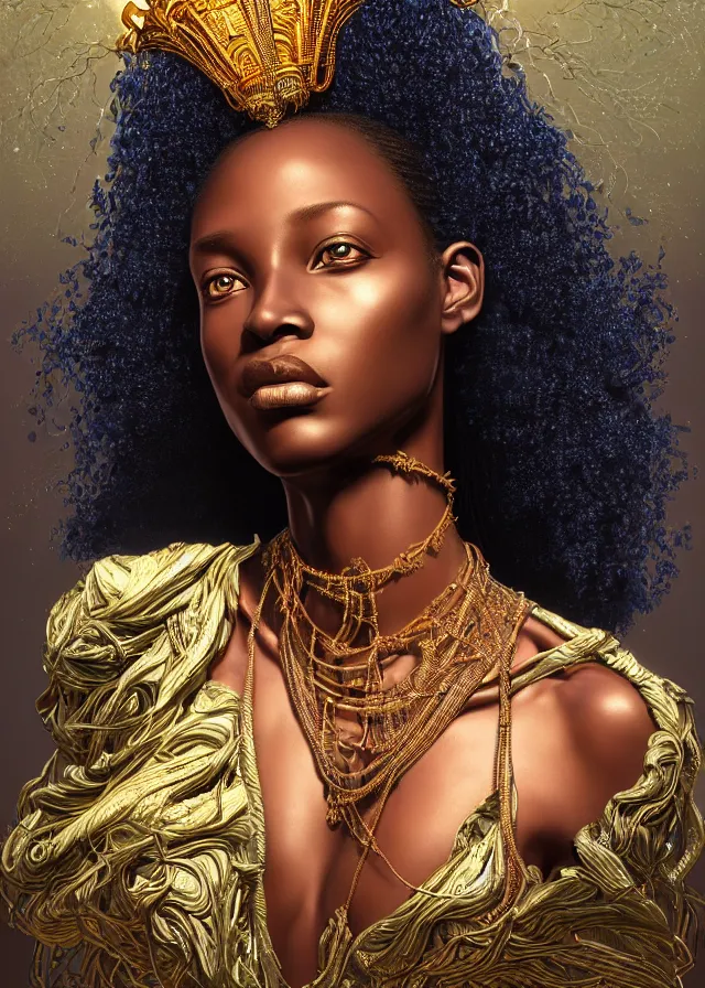 Prompt: Portrait painting of a beautiful african princess, stunning 3d render inspired art by P. Craig Russell and Barry Windsor-Smith + perfect facial symmetry + dim volumetric lighting, vibrant dark hair, ornate flowing silvered robes, 8k octane beautifully detailed render, post-processing, extremely hyperdetailed, intricate, epic composition, grim yet sparkling atmosphere, cinematic lighting + masterpiece, trending on artstation, very very detailed