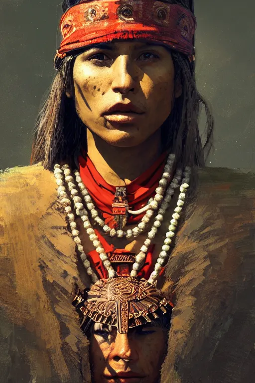 Image similar to aztec priest, close - up portrait, devoted, intricate, elegant, volumetric lighting, scenery, digital painting, highly detailed, artstation, sharp focus, illustration, concept art, ruan jia, steve mccurry