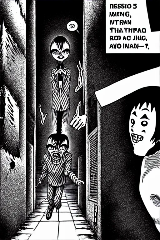Prompt: junji ito man going mad in an alley
