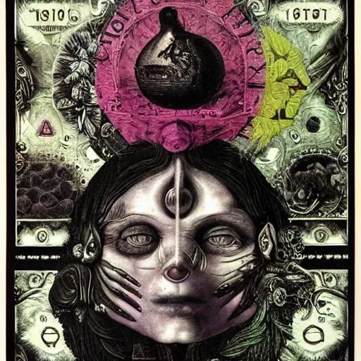 Image similar to post - punk new age album cover, asymmetrical design, dollar bank notes, capitalism, magic, apocalypse, psychedelic, black white pink, magic, giger h. r., giuseppe arcimboldo