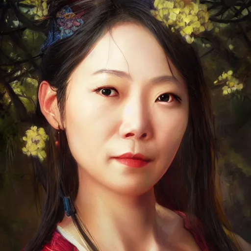 Image similar to portrait of an amis woman ( 3 5 ) from taiwan in 2 0 2 1, an oil painting by ross tran and thomas kincade