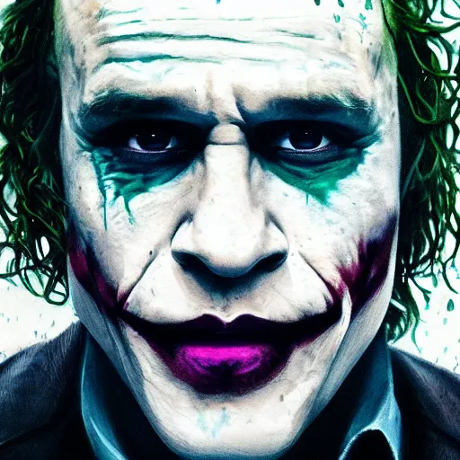 Image similar to cinematic portrait of heath ledger as the joker, perfect face, neon rain, moody, elegant, by alyssa monks, highly detailed, symmetrical face, fine details, masterpiece, trending on artstation