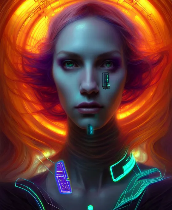 Image similar to a whirlwind of souls rushing inside the metaverse, hologram, half body, neurochip, shaved temple, piercing, jewelry, android, cyborg, cyberpunk face, by loish, d & d, fantasy, intricate, elegant, highly detailed, colorful, digital painting, artstation, concept art, art by artgerm and greg rutkowski and alphonse mucha