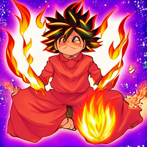 Image similar to fluffy exploding popcorn elemental spirit, in the style of a manga character, with a smiling face and flames for hair, sitting on a lotus flower, clean composition, symmetrical