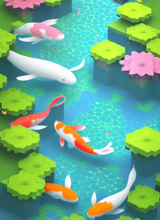 Image similar to sparkling pastel cute voxel art of a koi pond, behance, artstation, cute, Japanese, 3d render, unity, beautiful lighting, extremely beautiful, very beautiful award winning art Huang Guangjian and Gil Elvgren and Sachin Teng , Greg Manchess