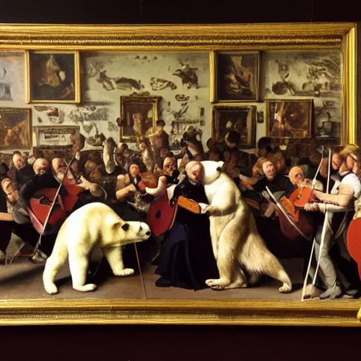 Prompt: a painting of a polar bear directing orchestra at the theatre by Caravaggio