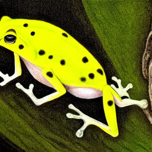 Image similar to small yellow dart frog, chilling on a leaf, in jungle, by giger alien artist, from alien movie, rule of thirds, extreme detail, 4 k, detailed drawing, trending artstation, realistic lighting, sharp focus, backlit