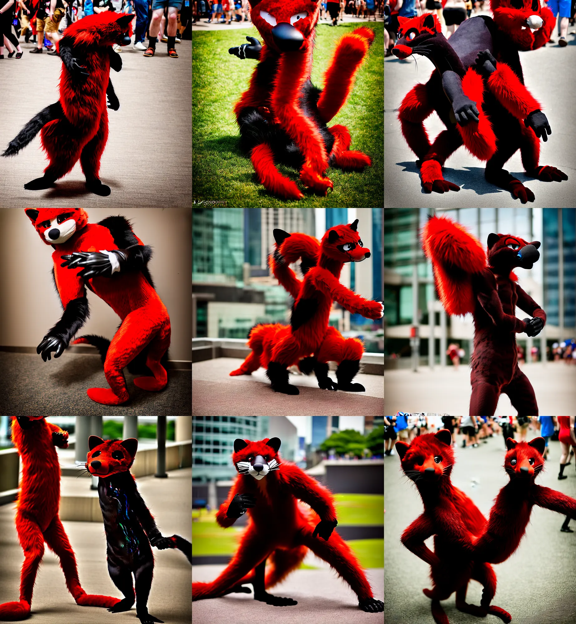 Image similar to fullbody photoshoot photo portrait of a roguish male red - black furred weasel furry fursuiter ( tail attached ), taken at anthrocon ( furry convention )