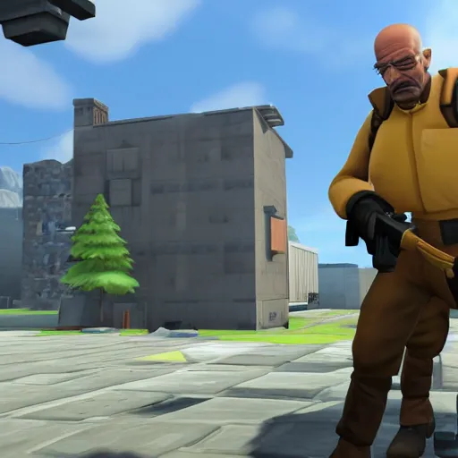 Image similar to screenshot of team fortress 2 gameplay with walter white, first person, highly detailed, highly intricate, 8 k,