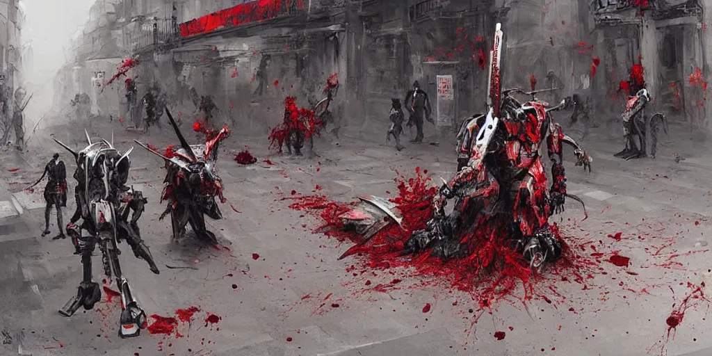 Prompt: demonic samurai robot on the streets of paris, very detailed painting, concept art, very creepy, pile of bodies, a lot of blood on the streets, art by jakub rozalski