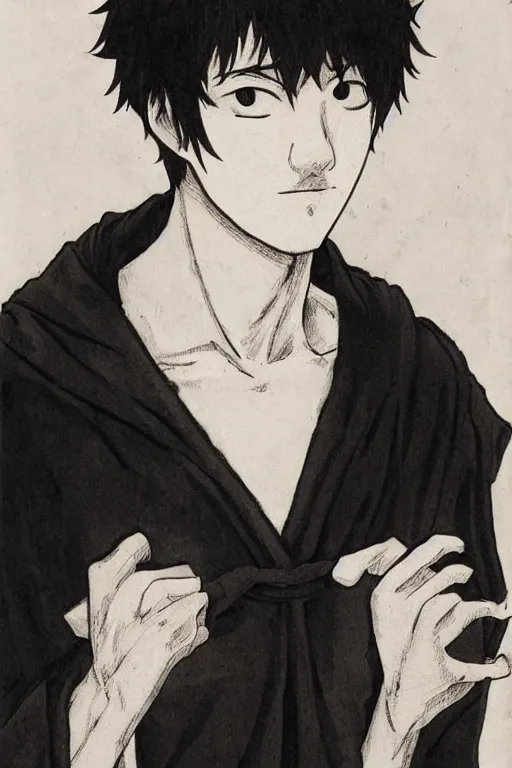 Image similar to portrait of young man wearing black medical mask, style of kentaro miura