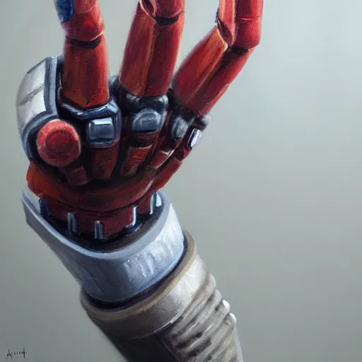 Prompt: closeup painting of wounded robotic hand, thumbs up, asymmetrical, trending on artstation