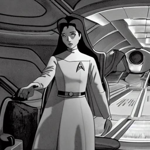 Image similar to movie still of star trek, woman in dress, studio ghibli