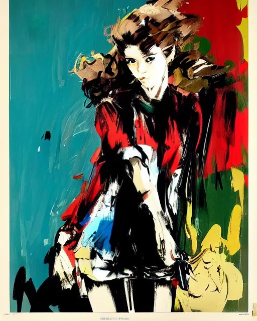 Image similar to Fashion model girl by Ashley Wood, Yoji Shinkawa, Jamie Hewlett, 60's French movie poster, French Impressionism, vivid colors, palette knife and brush strokes, Dutch tilt