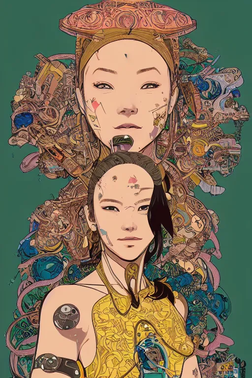 Image similar to beautiful cyborg portrait girl female illustration detailed patterns art of thai traditional dress, pop art, splash painting, art by geof darrow, ashley wood, alphonse mucha, makoto shinkai