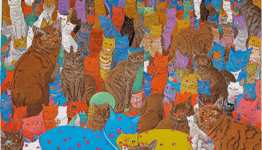 Image similar to highly detailed contemporary acrylic painting of really tall sitting cats by geof darrow, thick brush strokes and visible paint layers, vivid multicolor scheme