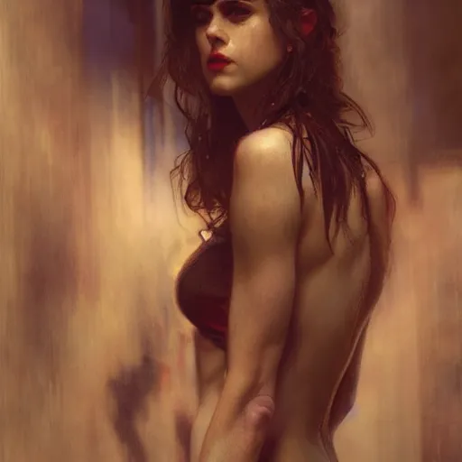 Image similar to alexandra daddario, hyperrealistic portrait, bladerunner street alley, art of elysium by frank frazetta and by jeremy mann and by alphonse mucha, fantasy art, photo realistic, dynamic lighting, artstation, full figure poster, volumetric lighting, very detailed face, 4 k, award winning