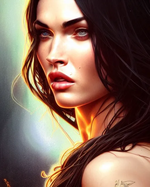 Prompt: portrait of megan fox with sultry face expression, glowing eyes, intricate, headshot, highly detailed, digital painting, artstation, concept art, sharp focus, cinematic lighting, illustration, art by artgerm and greg rutkowski, alphonse mucha, cgsociety