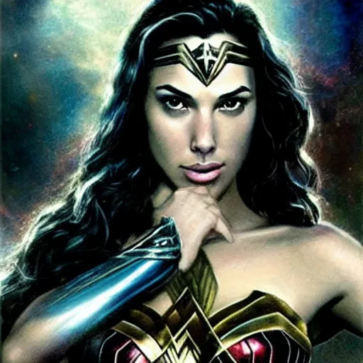 Prompt: Gal Gadot as Wonder Woman, by Luis Royo