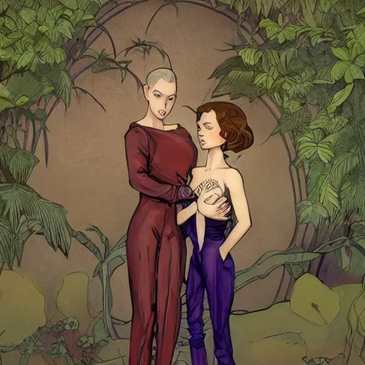 Image similar to modest short - haired tattooed heroic stoic handsome muscular blonde butch tomboy woman engineer in jumpsuit standing beside dark fae feathered modest gothic jennifer connelly in long dress, standing together in a beautiful lush garden at night, in love, highly detailed, trending on art station, illustration, oil painting, mignola, mucha, comic book