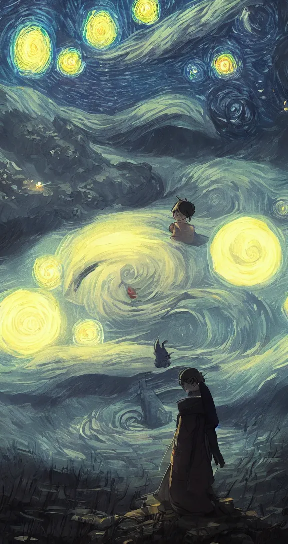 Image similar to A starry night, by Studio Ghibli and Greg Rutkowski, artstation