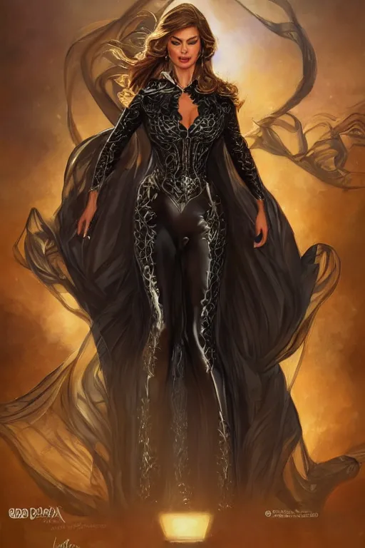 Prompt: Sofia Vergara as a heroine with a dress inspired by knight rider, digital painting, artstation, concept art, smooth, sharp focus, illustration, in-frame, centered, art by artgerm and donato giancola and Joseph Christian Leyendecker, Ross Tran, WLOP