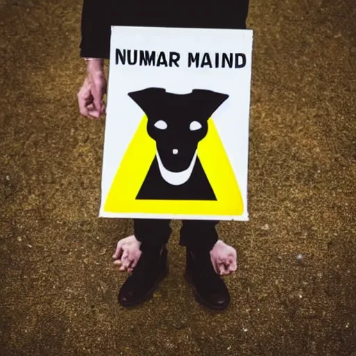 Image similar to professional photo of a dog holding a sign with a nuclear radiation warning on it skull and crossbones yellow three triangles