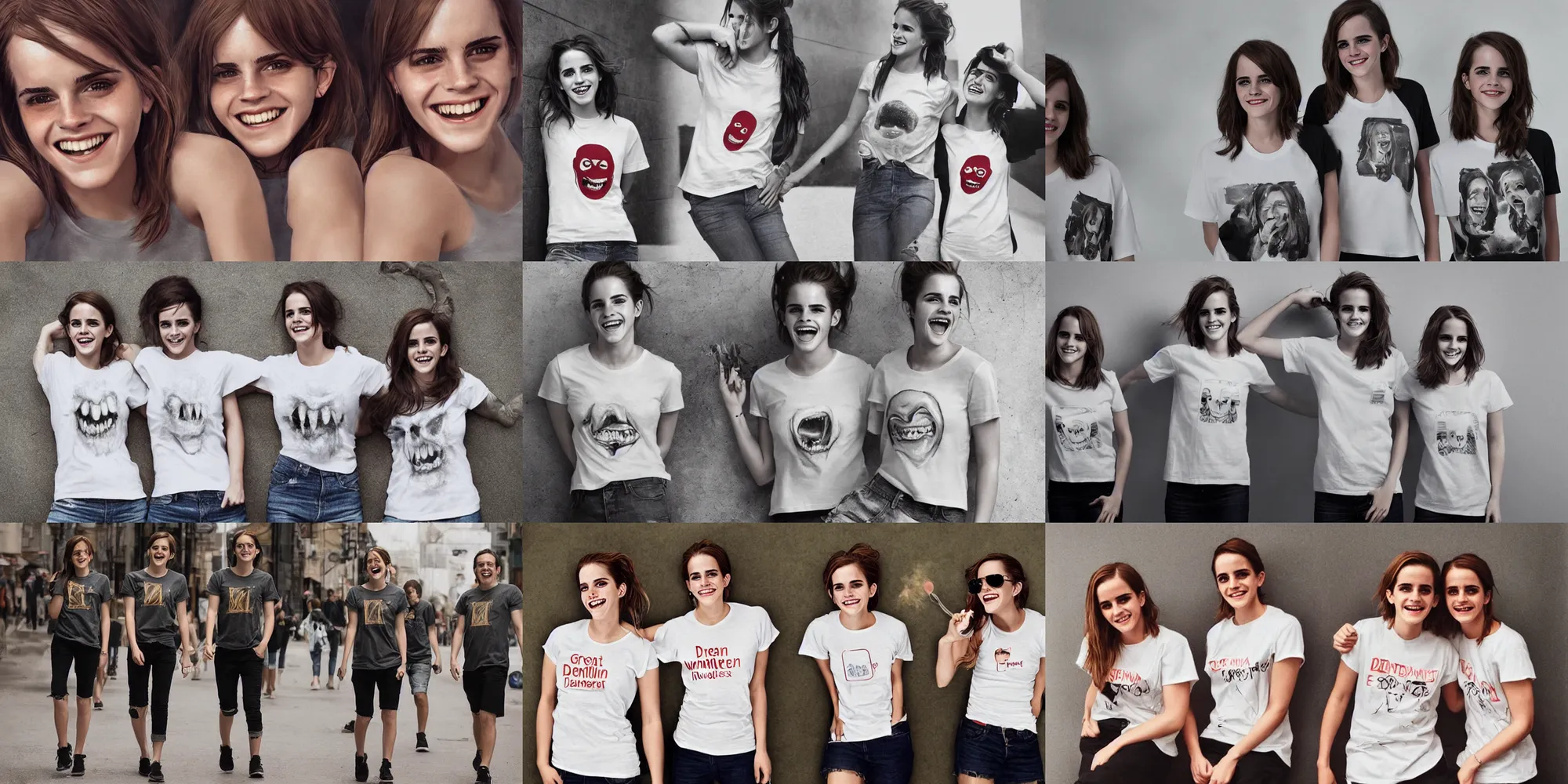 Prompt: emma watson identical twins smiling dental veneers grinning t - shirt greg rutkowski!!! greg rutkowski!!! canon eos david bailey david bailey cinematic filmic photorealistic hyperdetailed