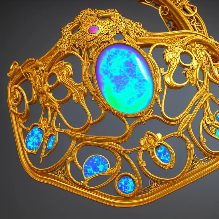 Image similar to historical, art nouveau, ornate, delicate, opals and cyan gemstone choker, glowing inside, shiny gold, octane render, realistic, dramatic light, 3 d, photograph 4 k,