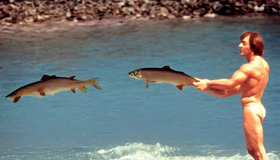 Image similar to 7 0 s movie still of putin in speedo, catching a salmon with his hands, focus on face. cinestill 8 0 0 t _ 3 5 mm eastmancolor, heavy grain, high quality, high detail