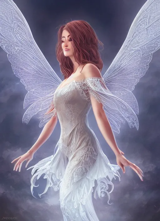 Image similar to full body portrait of a beautiful fairy women with wings of lace, by artgerm, sunny day, highly detailed, perfect lighting, perfect composition, symmetry, detailed features, 4 k, by alan lee, by derek zabrocki, by greg rutkowski